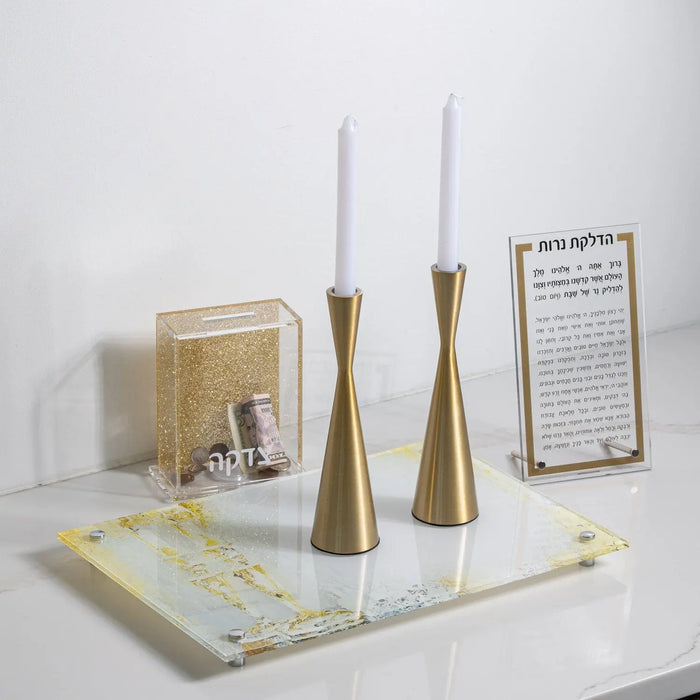 Waterdale Collection Hadlokas Neiros tray in soft yellow with brass candlestick holders and prayer card, ready for Shabbat candle lighting.