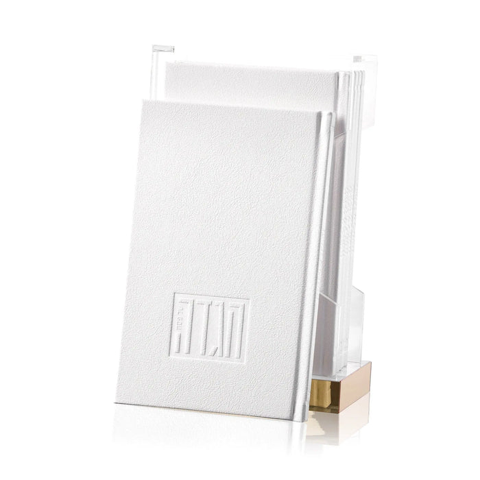 White and gold painted hardcover Haggadah set with lucite stand holder for Passover tabletop display
