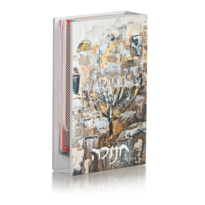 Painted Jerusalem Menorah Chanukah matchbox holder from Waterdale Collection, Lucite with a painted Jerusalem scene in cream and gold