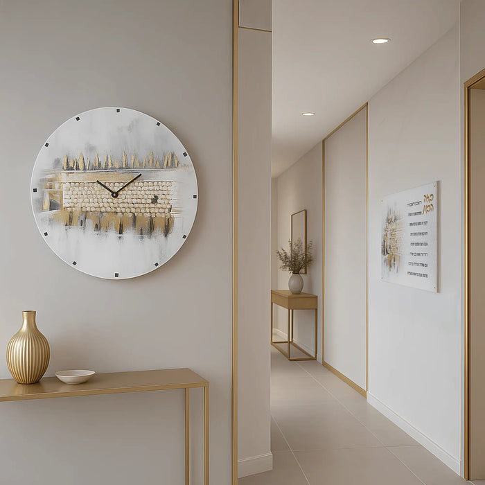 Painted Kosel at Winter Birchas Habayis wall art in white and gold tones, displayed above wooden shelf in modern hallway
