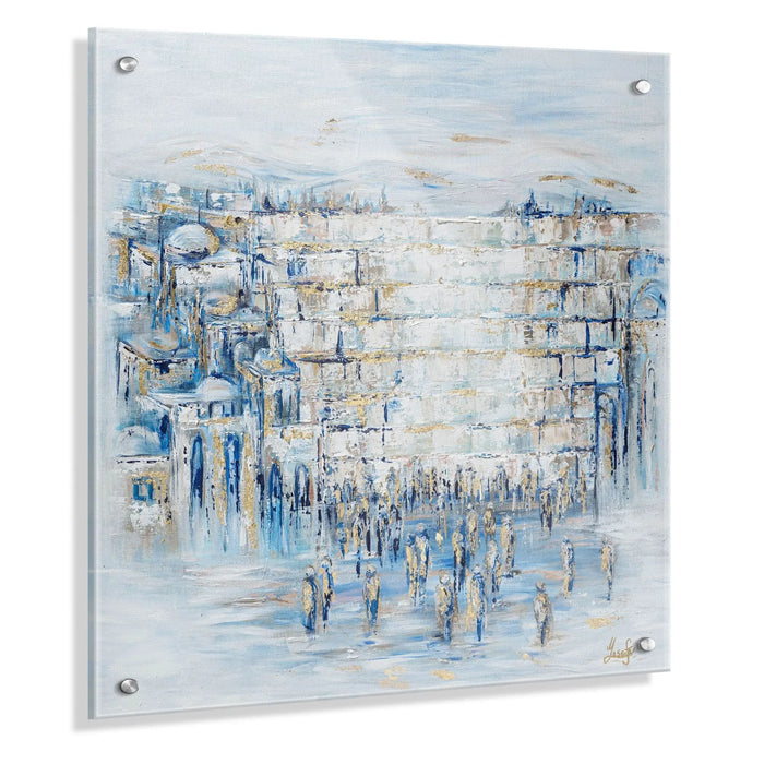 Painted Kosel by Yosefa wall art featuring a blue watercolor cityscape of Jerusalem's Western Wall with architectural details and figures.