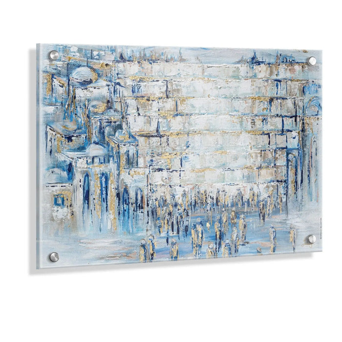 Painted Kosel by Yosefa wall art featuring an abstract blue and white Jerusalem scene with architectural details and figures, displayed on white brick wall.