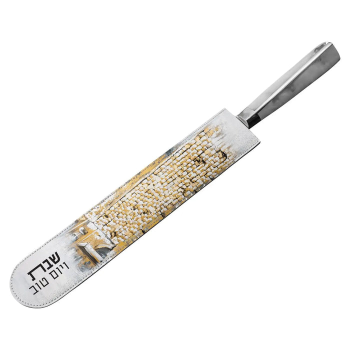 Painted Kosel knife blade cover in cream leather with gold speckled design and gray metal ferrule, ideal for Shabbat challah boards.