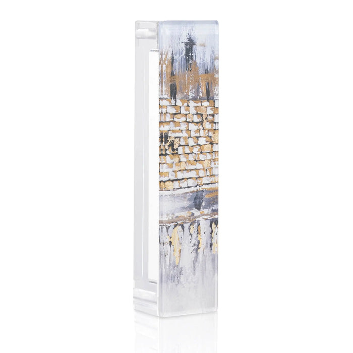 Painted Kosel Winter Mezuzah Case featuring a watercolor illustration of Jerusalem's Western Wall in snow, mounted in clear acrylic display case