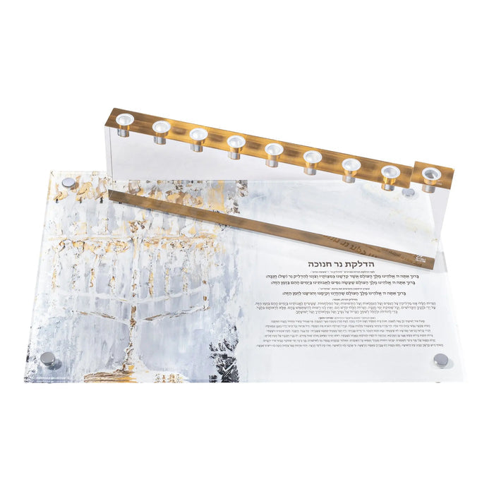 Painted Menorah Tray in painted Lucite by artist Zelda, shown flat with its Waterdale Collection packaging