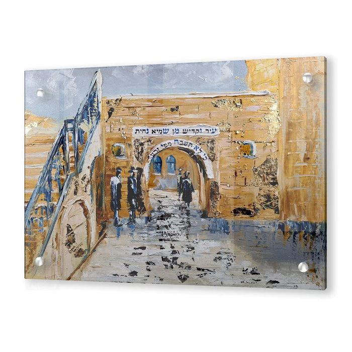 Painted Meron wall art depicting a golden-toned street scene with architectural buildings and figures, available in multiple sizes from Waterdale Collection.