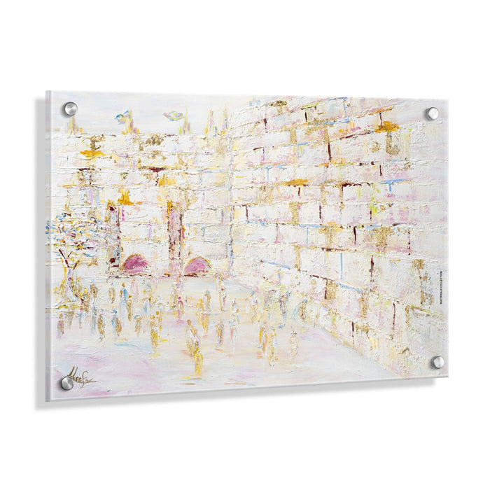 Painted Pastel Kosel by Yosefa wall art featuring Jerusalem's Western Wall in soft pink and gold tones on acrylic panel.
