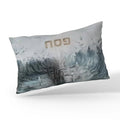 Waterdale Collection painted pillow case featuring a misty forest landscape with "009" text, gray tones with evergreen trees, modern artistic design.