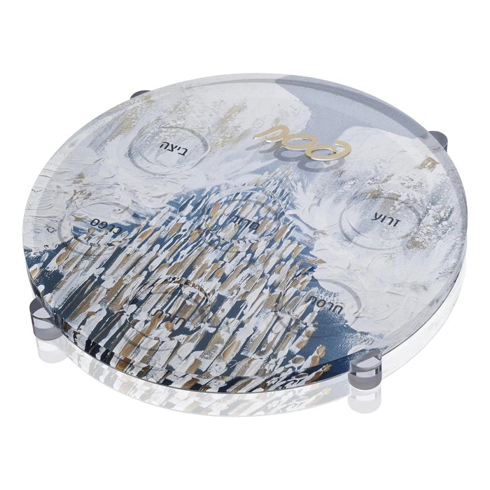 Waterdale Painted Seder Plate Style 2 with blue hand-painted design on clear lucite, featuring traditional Pesach symbols and compartments for holiday foods.