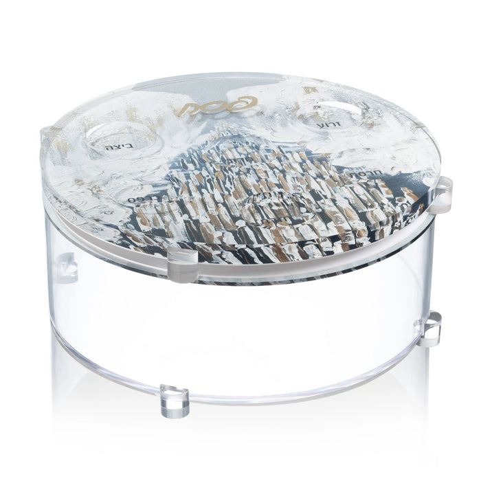 Clear lucite Seder plate with painted details and compartments, featuring a dome lid, by Waterdale Collection for Passover.