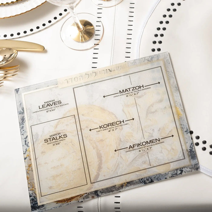 Painted Shiurim Card by Waterdale Collection in cream and gold tones displayed on a patterned surface with holiday table decorations.