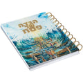 Painted Traditional Haggadah spiral-bound notebook with watercolor mountain landscape cover in blue and gold tones by Waterdale Collection.