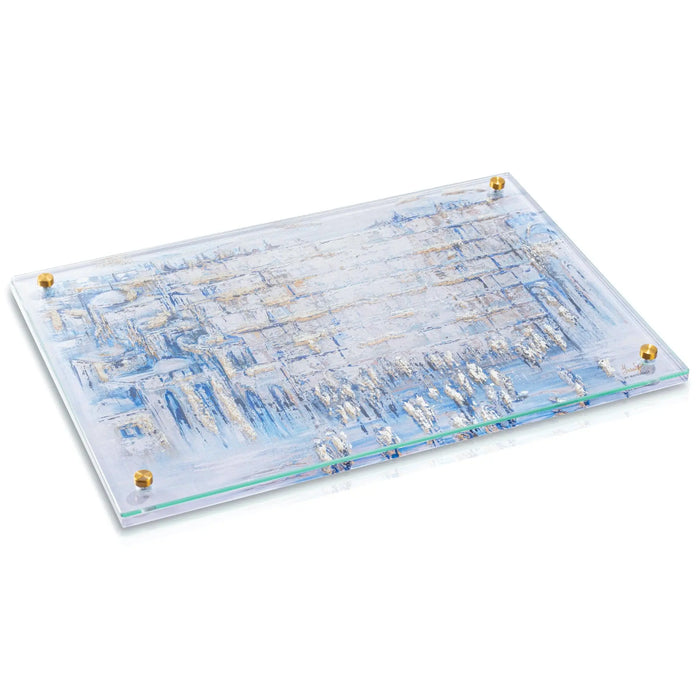 Painted Yosefa challah board and cover set with blue Kosel painting design on white ceramic base with handles.