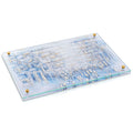Painted Yosefa Challah Board with blue watercolor design on white ceramic tray, perfect for Shabbat table settings.