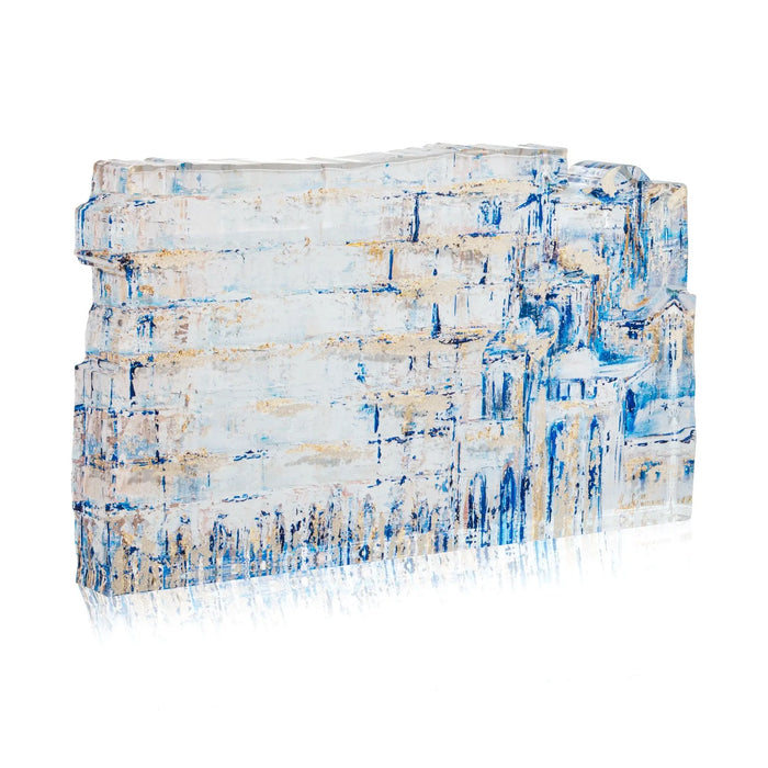 Painted Yosefa Kosel sculpture with blue and white abstract design on tabletop display base, modern artistic home décor piece.