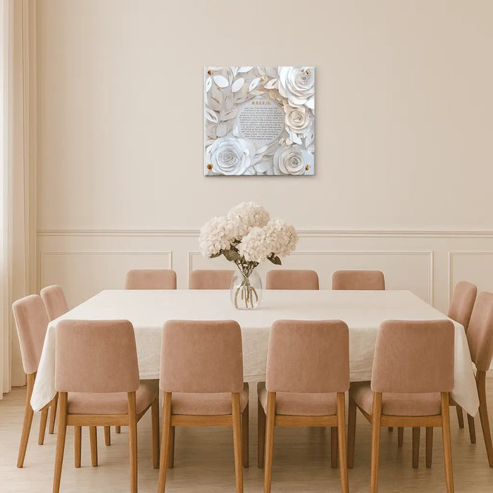Waterdale Collection Papercut Eishes Chayil wall art displayed above dining table with white runner and tan upholstered chairs.