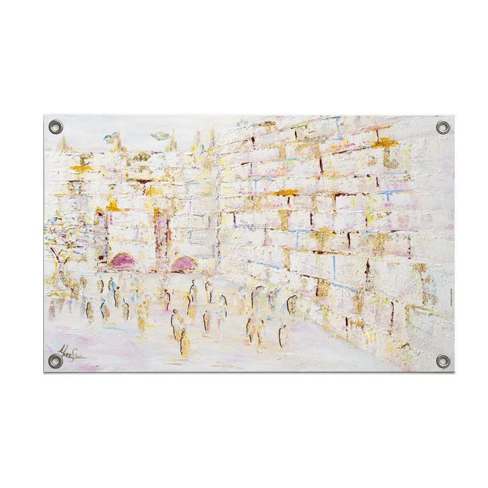 Pastel Kosel sukkah mural, the Kosel (כותל) in soft pink, cream and gold on vinyl, for Sukkos
