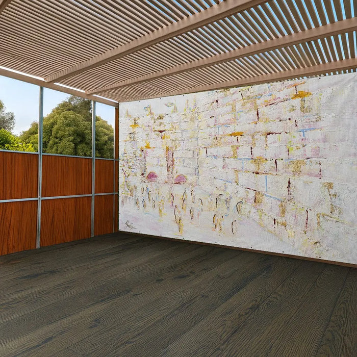 Pastel Kosel mural on a sukkah wall, painted Jerusalem sukkah art in pastel tones for Succos (סוכות)