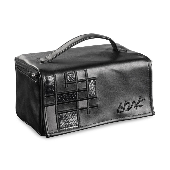 Black Patchwork leather esrog bag from Waterdale Collection with a top handle, for Sukkos