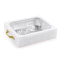 Pearlstone 9x13 pan holder with white marble finish and aluminum insert, ideal for serving baked goods and casseroles.