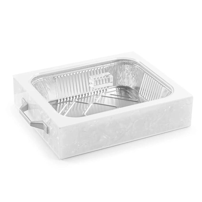 Pearlstone 9x13 pan holder with white marble finish and built-in handles, featuring aluminum insert dividers for serving and storage.