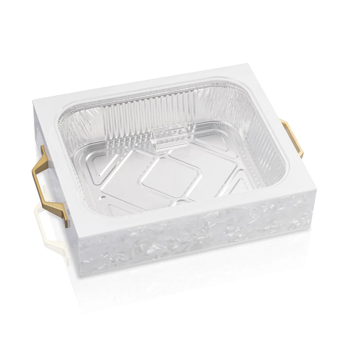 Pearlstone 9x13 pan holder with gold handles, featuring a white marble-textured design and clear plastic insert tray for serving.