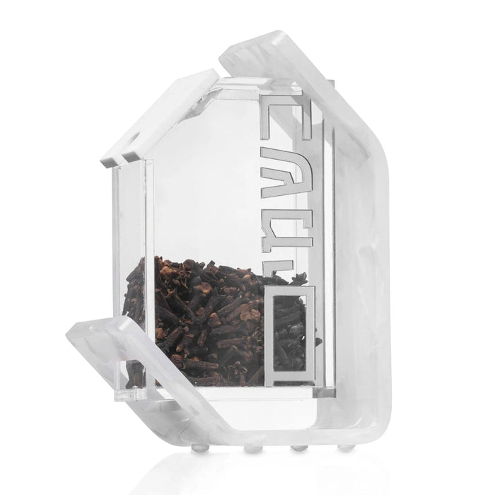 Pearlstone Besamim Holder with clear acrylic block design and metal compartments for spice storage, shown in side view