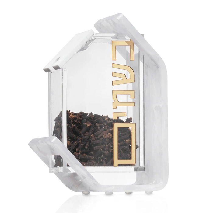 Pearlstone Besamim holder with pearl marble block design and metal accents, displayed with decorative spices inside, perfect for Shabbat and holiday use.