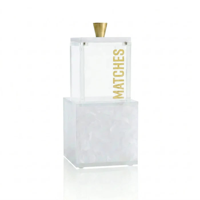 Pearlstone block match holder with brass top, featuring gold matches text on white marble-textured container for Shabbat and havdalah.
