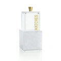 Pearlstone block match holder with brass top, featuring gold matches text on white marble-textured container for Shabbat and havdalah.