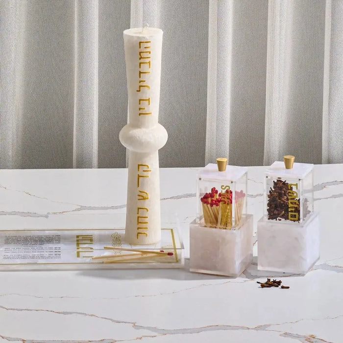 Pearlstone Block Match Holder with cream-colored marble finish, shown with matches and spice containers for Shabbat and Havdalah use.
