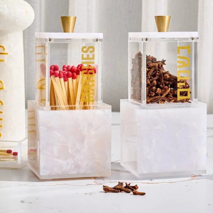 Pearlstone block match holder with white marble finish and metal accents, holding decorative matches for Shabbat and havdalah.