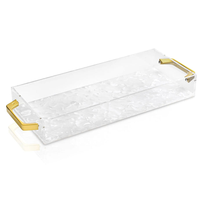 Pearlstone bread tray with gold handles, rectangular marble-effect design for serving or bathroom storage.