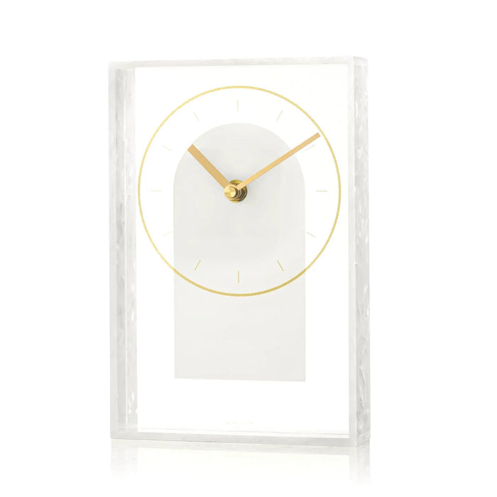 Pearlstone Frame Desk Clock with gold-tone hands and minimalist design in white marble and metal frame, ideal for modern office or home decor.