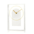 Pearlstone Frame Desk Clock with gold-tone hands and minimalist design in white marble and metal frame, ideal for modern office or home decor.