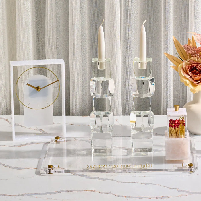 Pearlstone Frame Desk Clock with pearl marble finish and metal accents displayed on white surface with decorative items