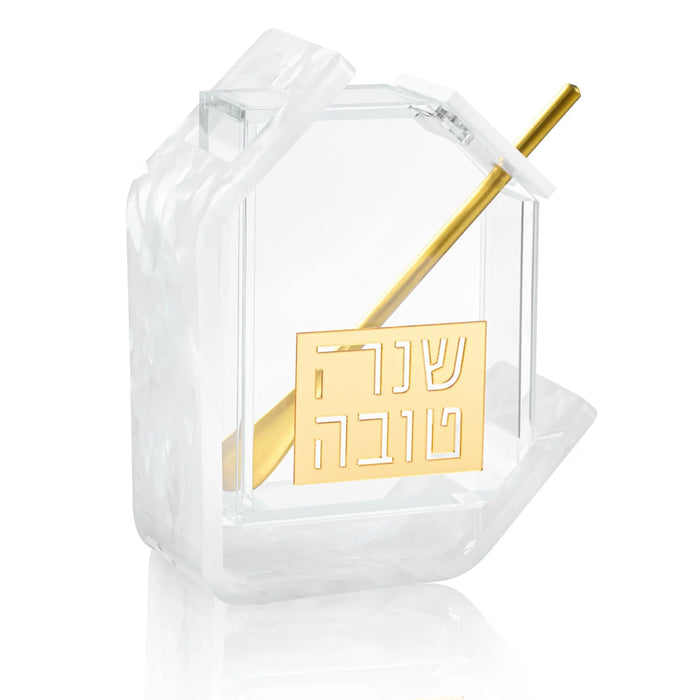 Pearlstone honey dish with a pearl marble frame and metal spoon for Rosh Hashanah, from Waterdale Collection