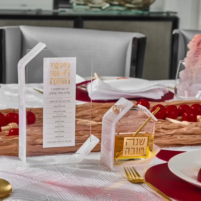 Pearl marble Pearlstone honey dish on a Rosh Hashana holiday table setting