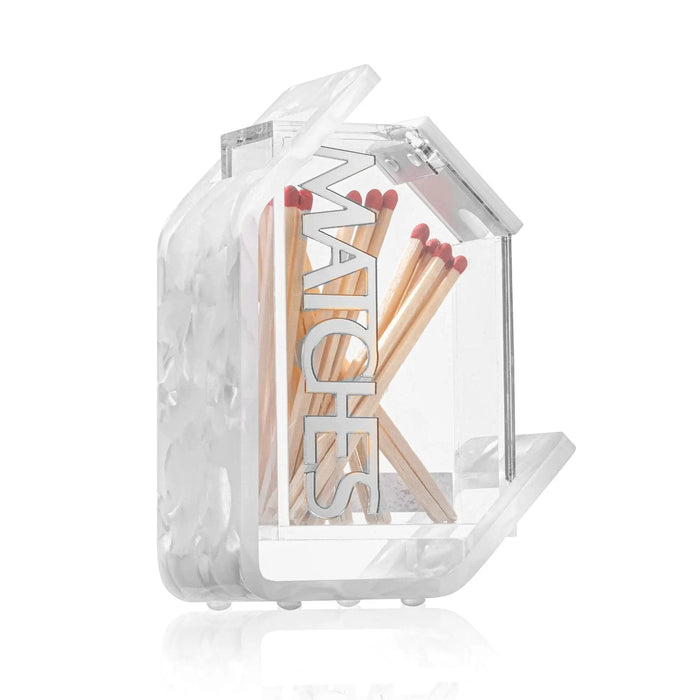 Pearlstone match holder with metal accent and pearl marble block design, displayed with matches inside, ideal for Shabbat and home entertaining.