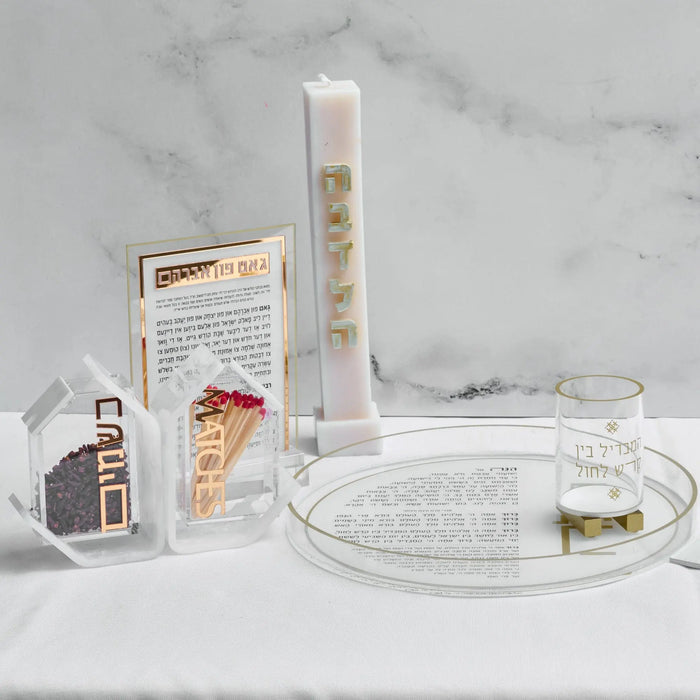 Pearlstone Besamim holder with marble block design, metal components, and spice container displayed with packaging on white surface.
