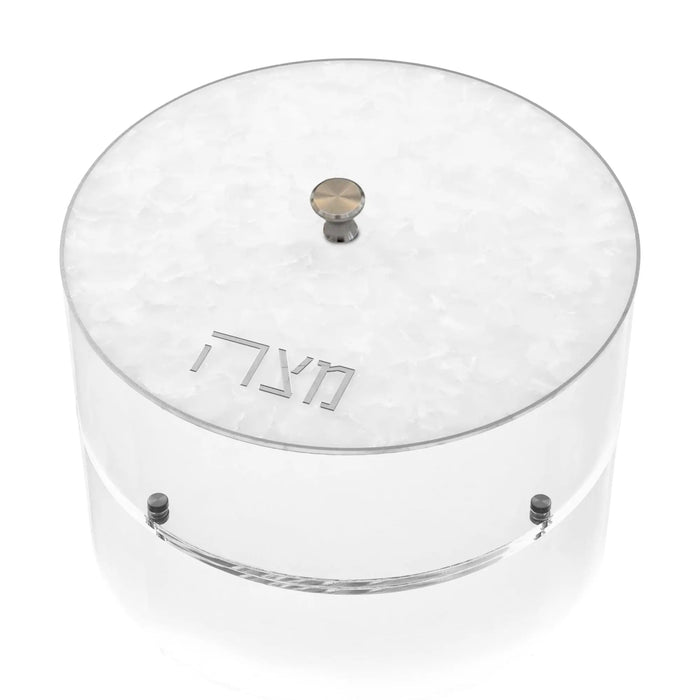 Pearlstone matzah box with white pearl marble finish and metal top closure for Passover holiday storage.