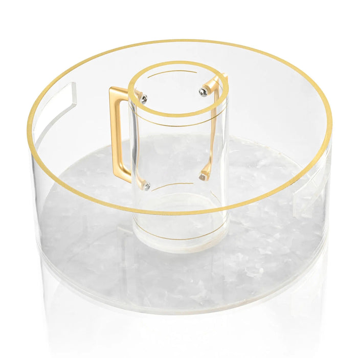 Pearlstone Washing Bowl with matching cup featuring gold trim and pearl marble design, ideal for Pesach tableware and ceremonial washing.