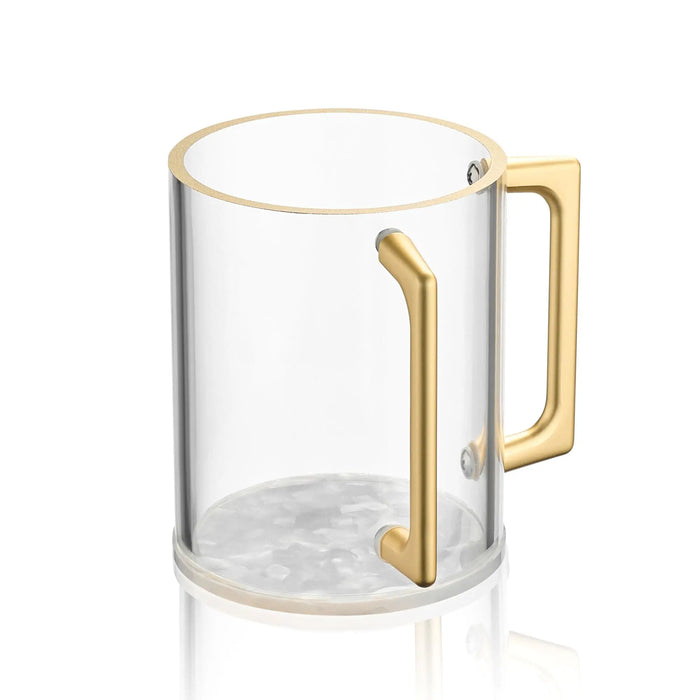 Pearlstone washing cup with gold-tone brass handles and spout, clear glass body with pearl marble finish detail, bathroom tabletop vessel.