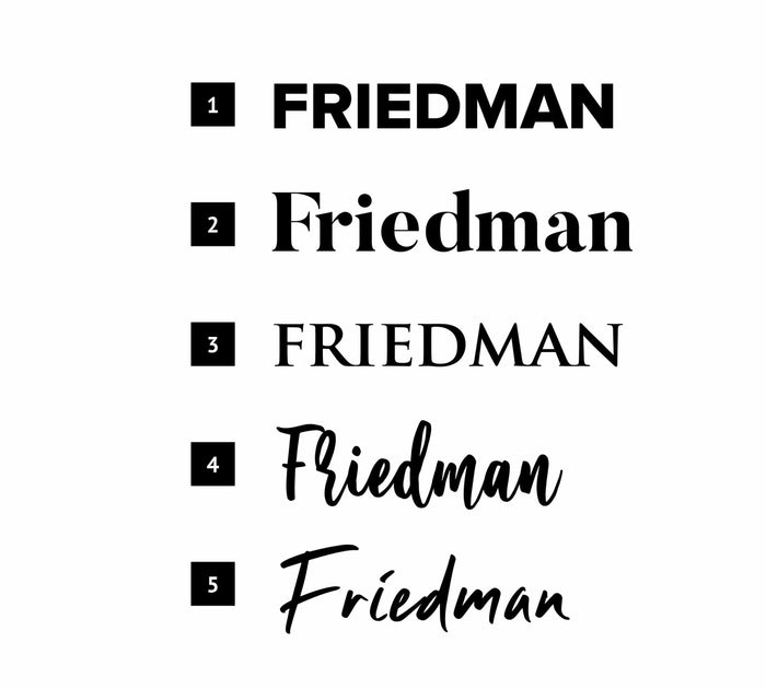 Personalization options showing five variations of the name Friedman in different fonts and styles for engraving.