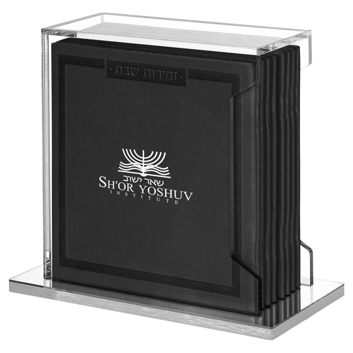 Waterdale Collection black acrylic personalization display case with clear top and metal stand, ready to engrave.