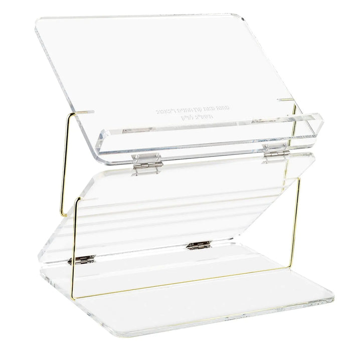 Clear acrylic personalization stand with tilted display shelf and front engrave panel by Waterdale Collection