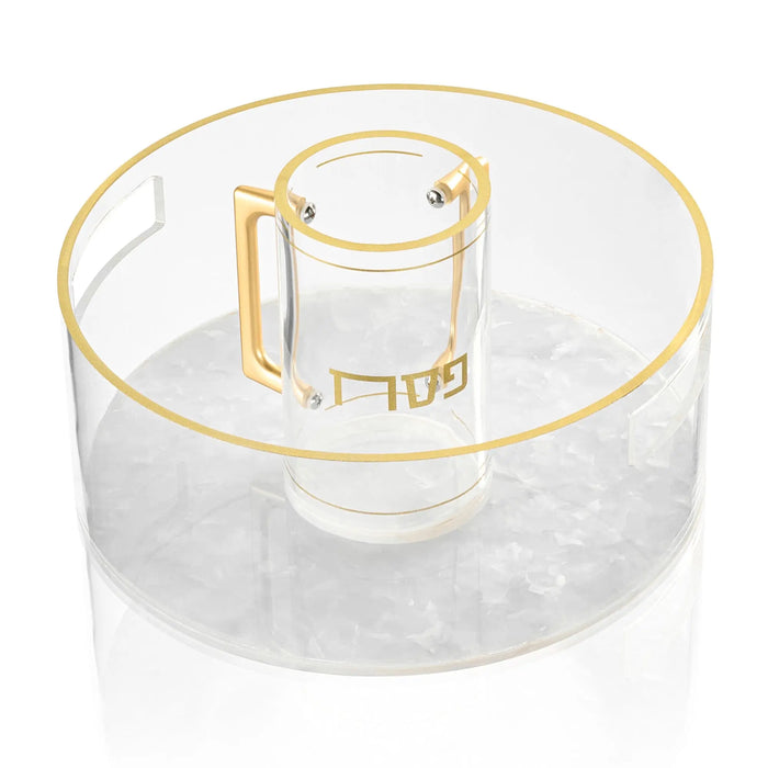 Pesach Pearlstone Washing Bowl and Cup in pearl marble finish with gold-tone accents, classic tabletop design for Passover.