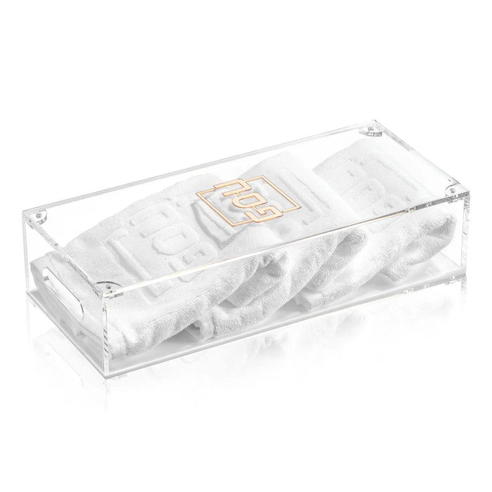 Clear acrylic Pesach towel box by Waterdale Collection containing folded white towels, ideal for Passover netilas yadayim hand washing rituals.