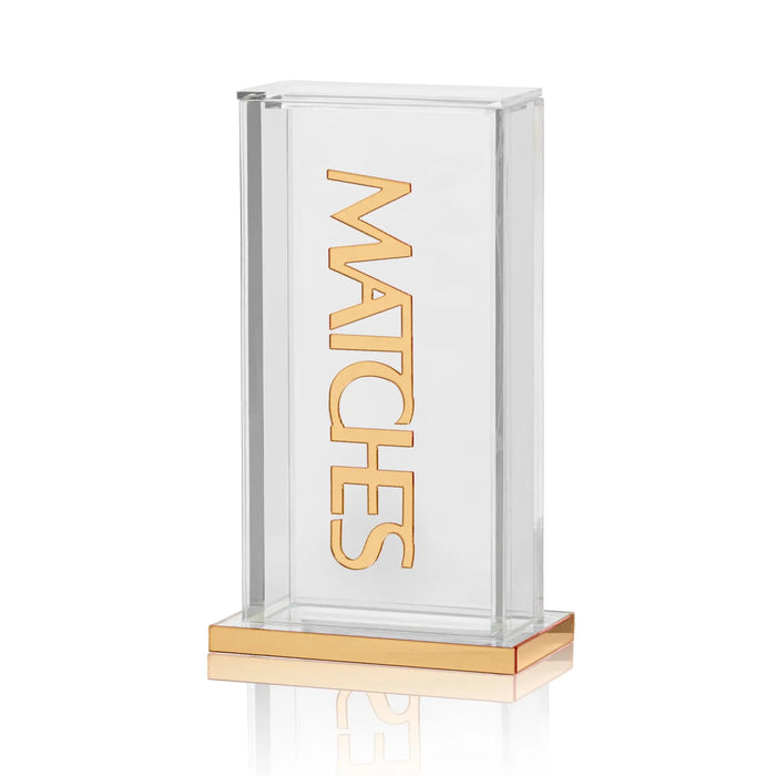 Waterdale Collection pillar match holder with white frosted glass body, gold "MATCHES" text, and natural wood base for Shabbat and havdalah.