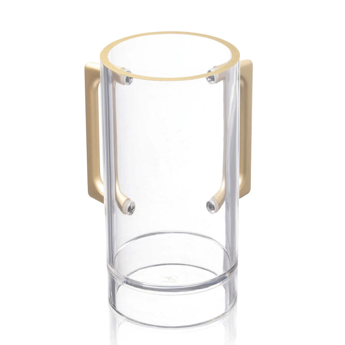 Pop-Drain Washing Cup by Waterdale Collection featuring clear glass cylinder with natural wood handles and brass rim detail.